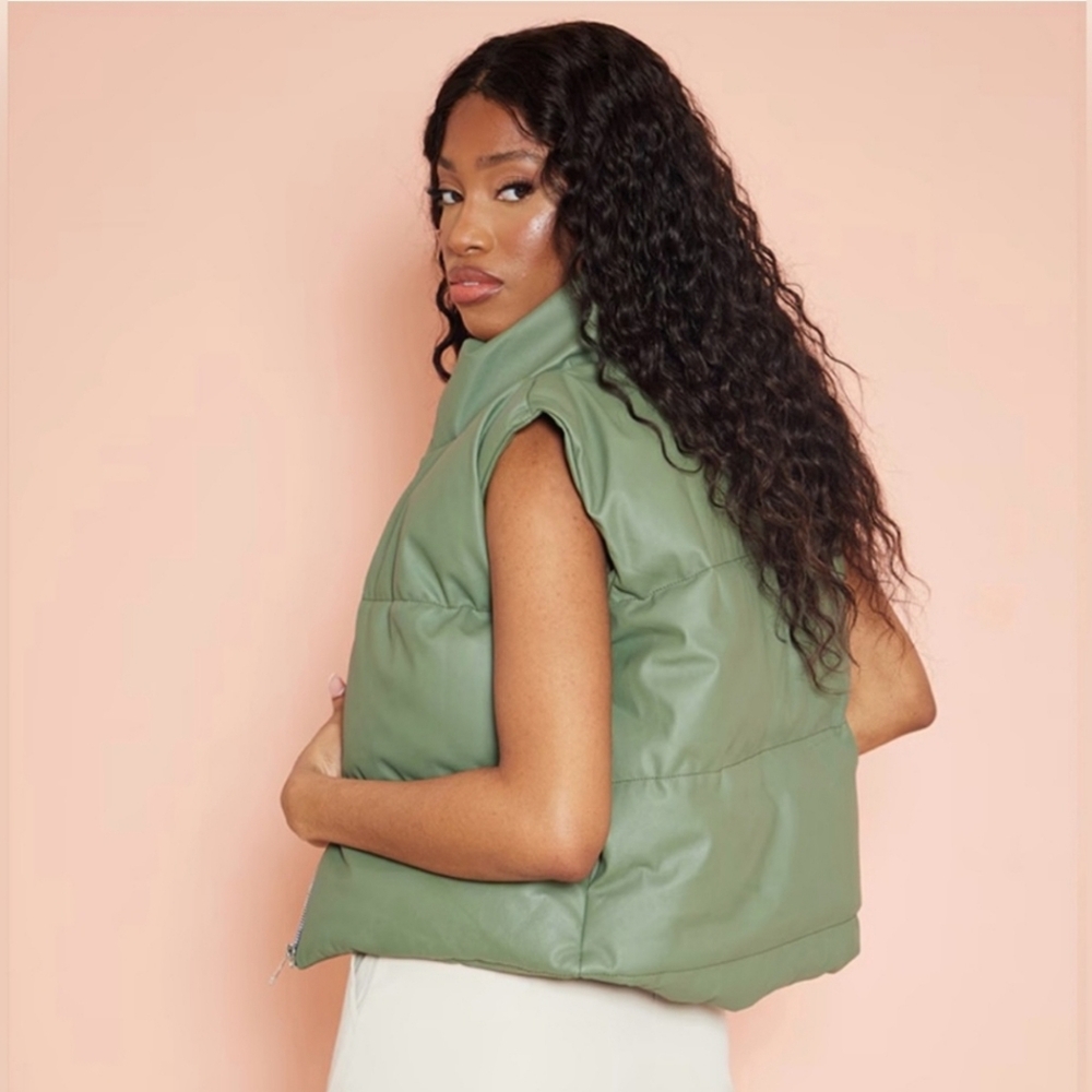 PrettyLittleThing NWT Olive Faux Leather Drop Hem Gilet Puffer Vest Size XL Tall - Picture 2 of 12